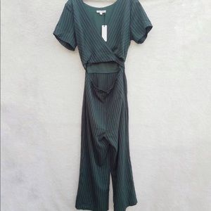 First Monday Striped Pine Green Wrap Front Cut Out Waist Jumpsuit Women's Sz L